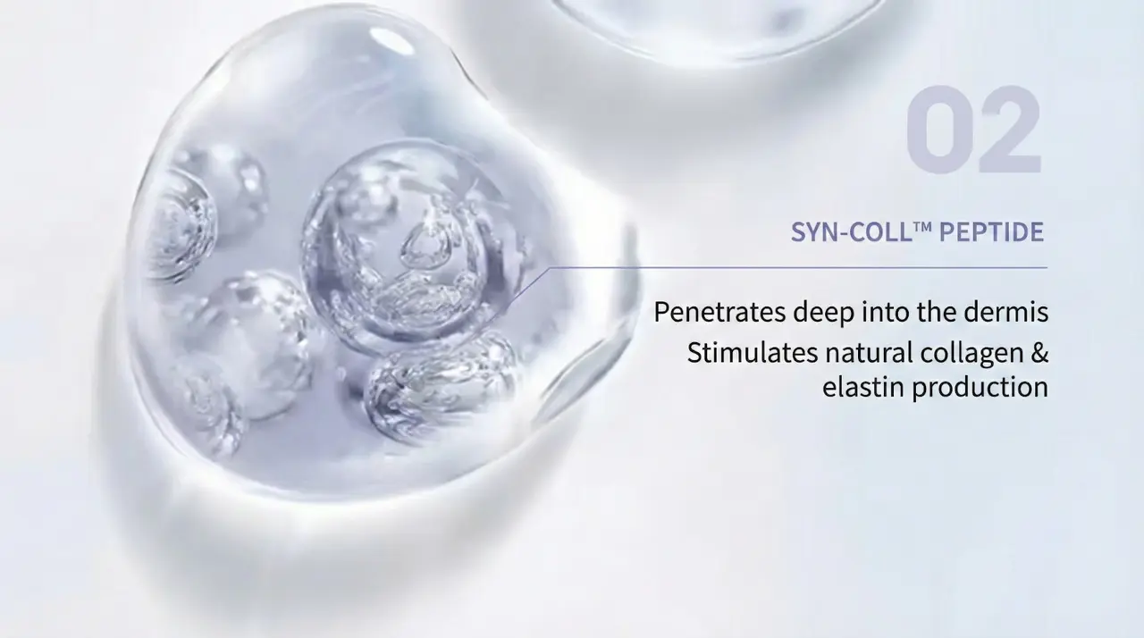 Illustration of Syn-Coll peptide spheres in a translucent droplet, labeled ingredient 02
