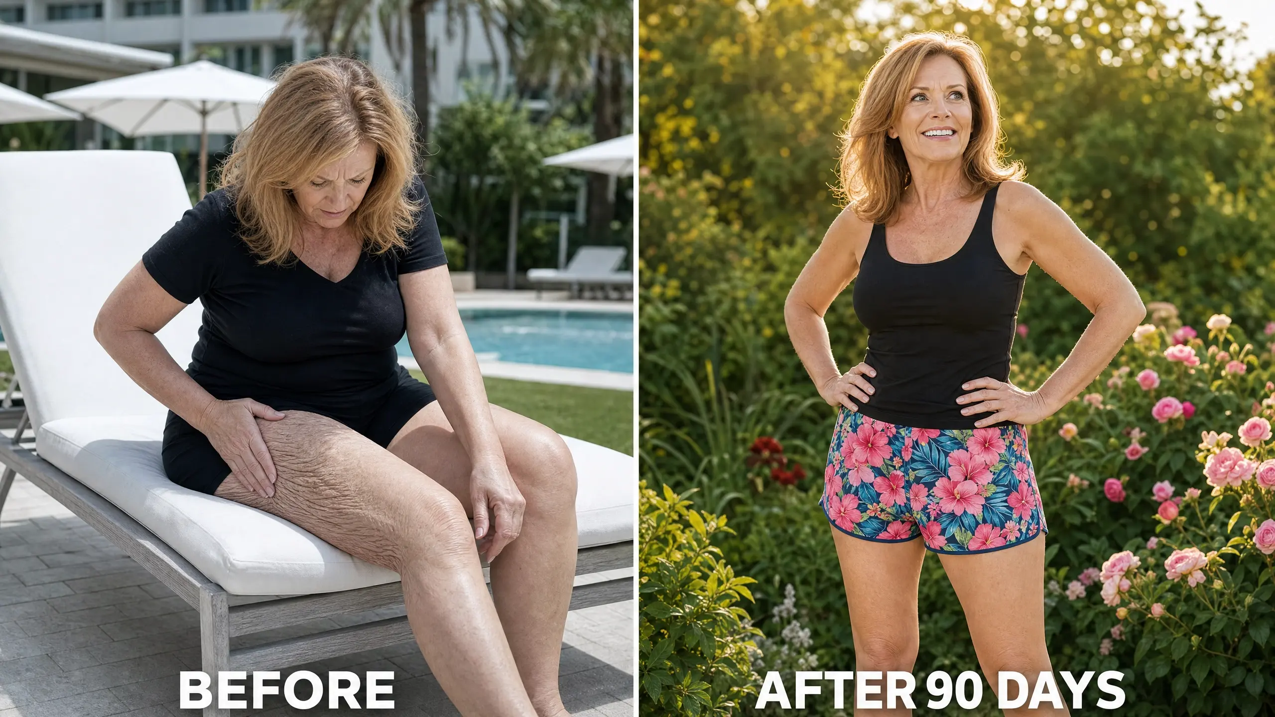 Side-by-side comparison: at left, a woman seated poolside examining crepey skin on her thigh, labeled Before; at right, the same woman standing in a garden after 90 days of use
