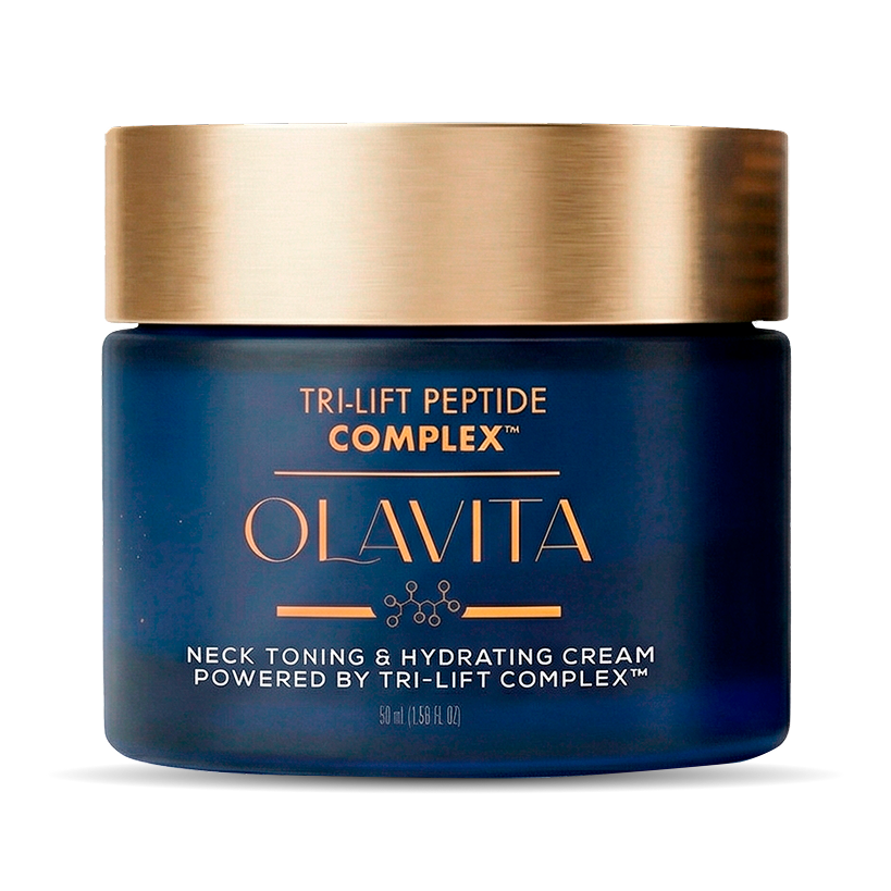 Olavita Tri-Lift Peptide Complex jar in deep blue glass with a gold lid